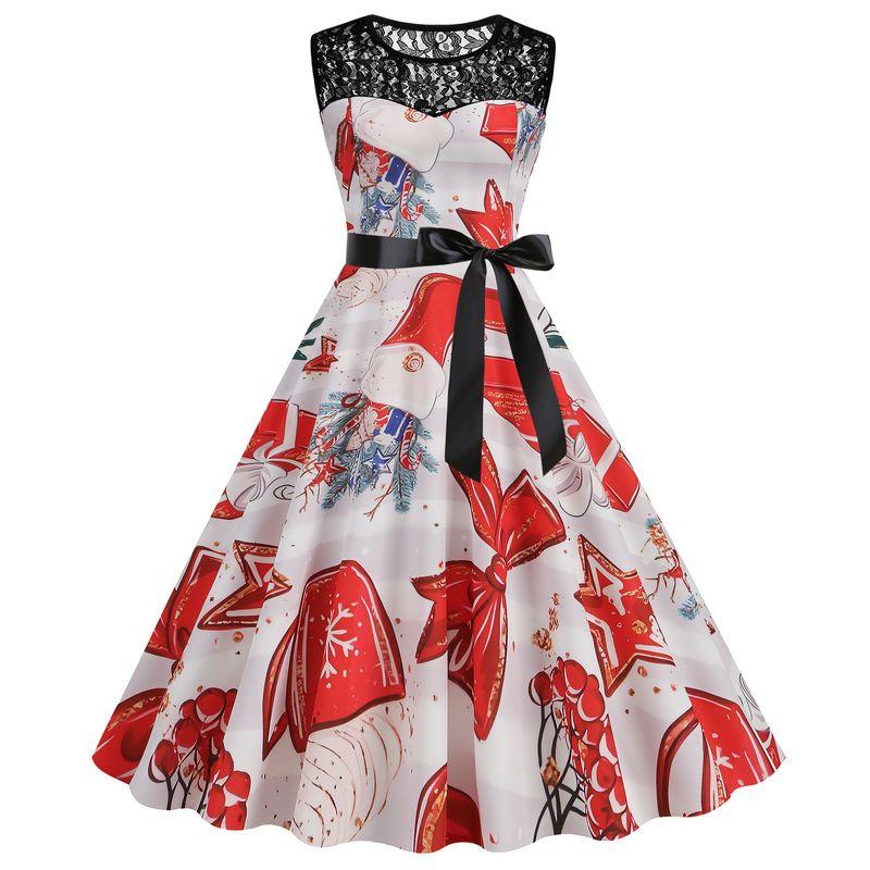Fashion Round Neck Lace Patchwork Christmas Gingham Mid Length Long Length Sleeveless Dress Side Zipper Belt Dress for Women