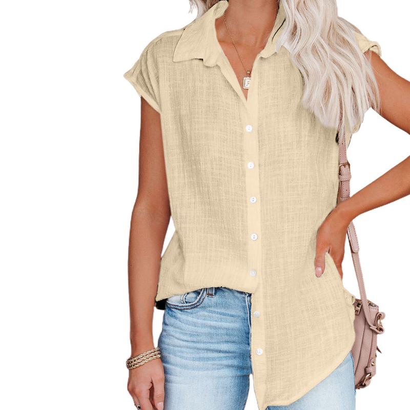 Camicetta da donna in lino di cotone tinta unita a maniche corte Camicie oversize con bottoni primavera estate Taglie forti Top lunghi con risvolto ampio
