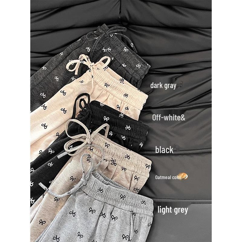 Petite Korean Bow Wide Leg Printed Pants - Slimming Drape Design for Spring/Autumn