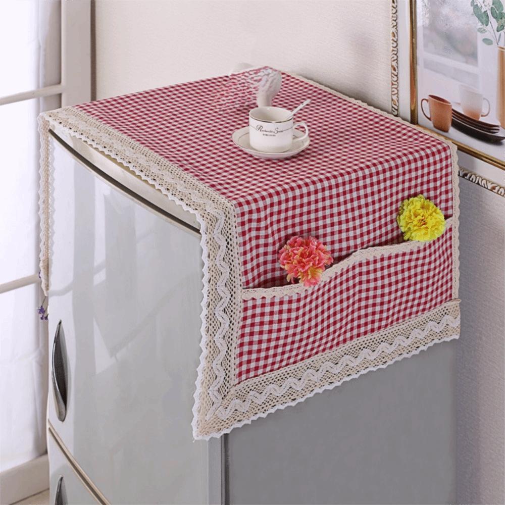 Cotton Linen Refrigerator Dust Cover with Pocket Printed French Door Refrigerator Cloth Lace Trim Fridge Protection Cover