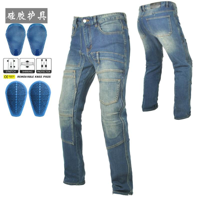 Mens Denim Motorcycle Riding Pants With Silicone Impact Protection Retro Workwear Style Multi-Pocket Biker Trousers