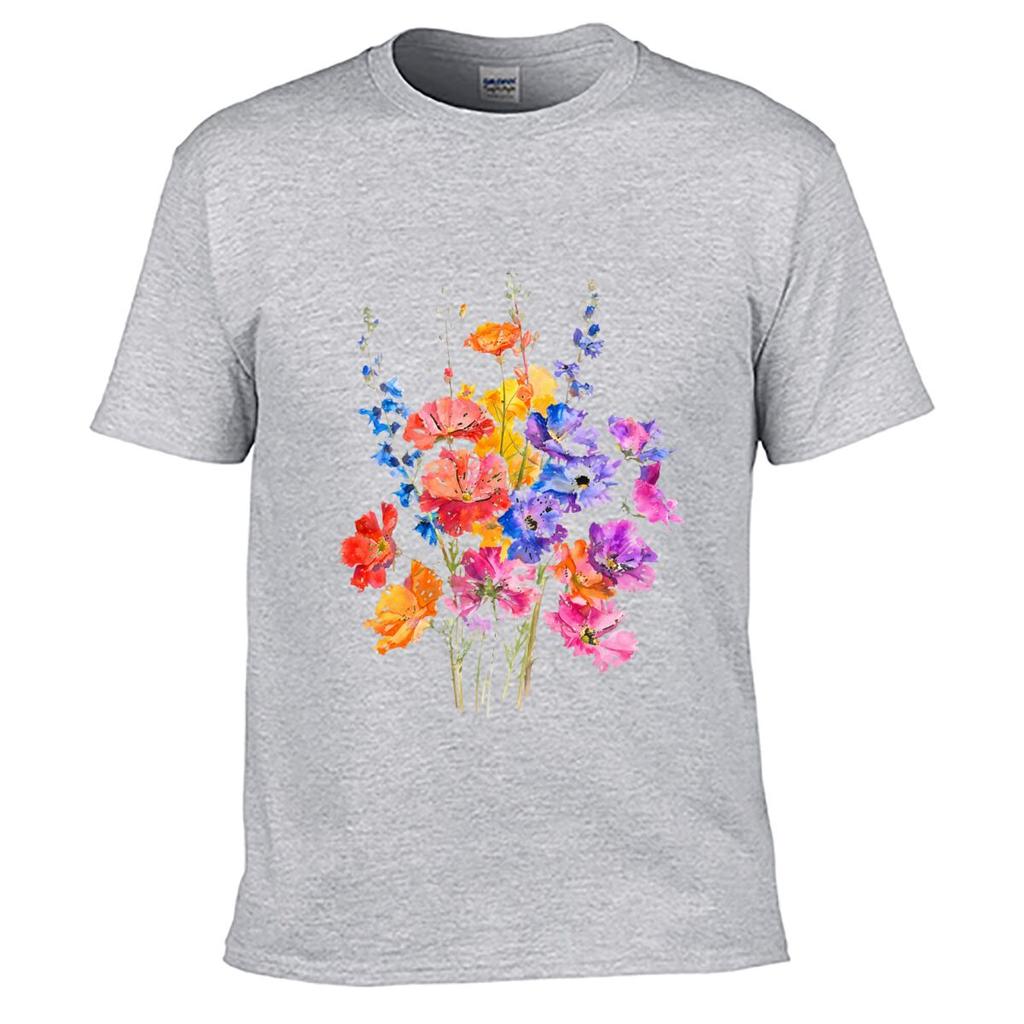 Colorful Wildflowers Watercolor Floral Bouquet Botanical Art Unisex Summer Washed Tee Loose Distressed Top