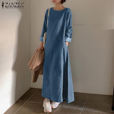Γυναικείο ρετρό casual μπλε τζιν μακρυμάνικο λαιμόκοψη Φαρδύ μακρύ φόρεμα