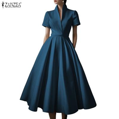 Women Casual V-Neck Short Sleeve Elegant A-line Long Dress