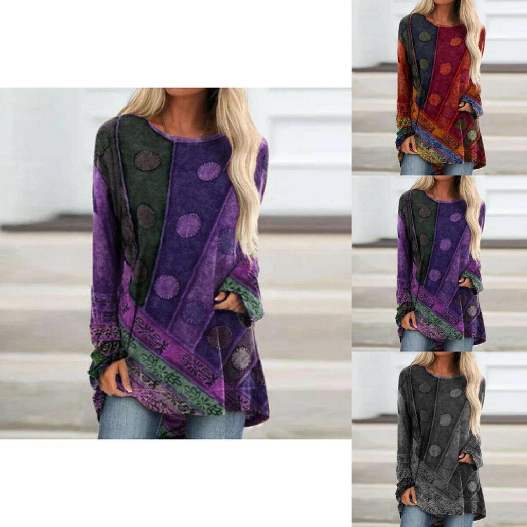 Plus Size Womens Hippie Boho Long Sleeve Tops With Soft Material And Floral Pattern