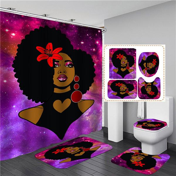 4PCS Full Set Bathroom Curtain Set Elegant African Black Woman Shower Curtain Hooks Modern Bath Mat Toilet Lid Cover Anti-slip Bath Mats