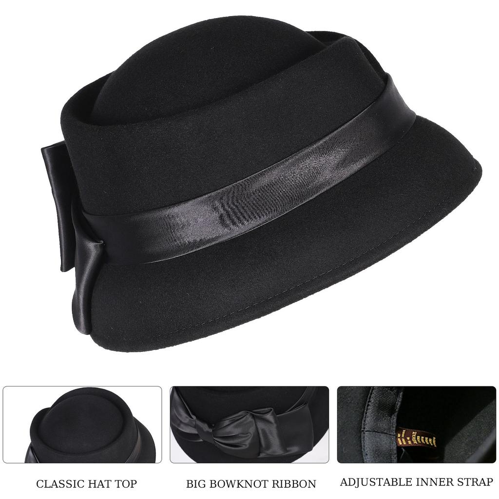 Women’s Vintage Wool Cloche Church Hat with Satin Bow Elegant Bowler Bucket Hat for Tea Party Wedding Garden Formal Events