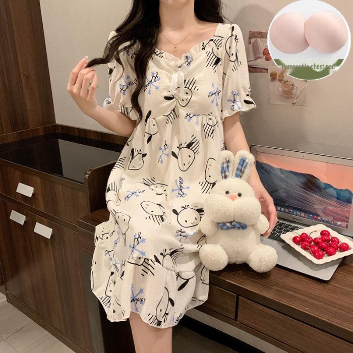 2024 Sommer-Kurzarm-Nachthemd mit Brustpolster – Niedlicher Wolken-Baumwoll-Cartoon-Prinzessinnen-Stil