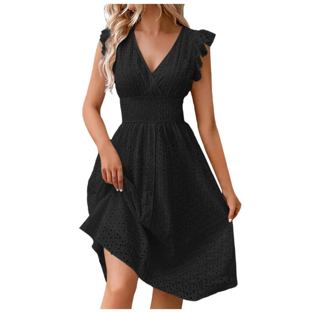 Summer Women V-Neck Beach Dress Flare Sleeve Solid Color Hollow Lace Waist Dress Casual Beach Holiday Dresses