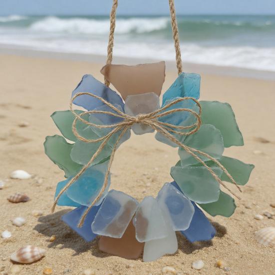 Sea Glass Wreath Handmade Coastal Style Beach Wreath 6 Inch Sea Glass Art Hanging Ornament for Door Window Kitchen Cabinet Chair Wall Home Decor