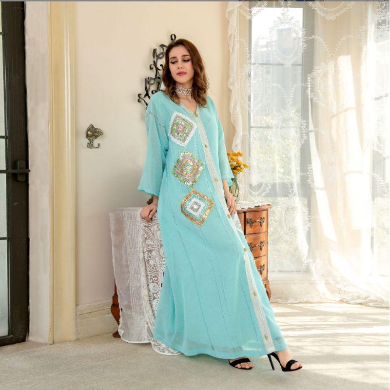 Fashion Elegant Cotton Linen Sequin Embroider Dress Fashion Long Skirt Sequin Embroidered Dress