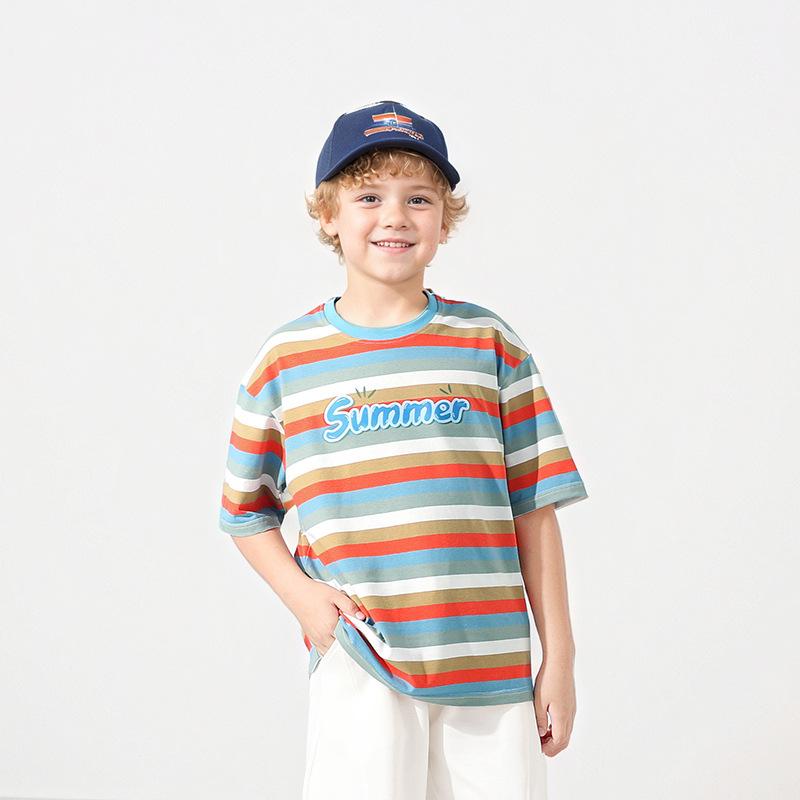 

Соответствующая полосатая футболка с коротким рукавом, летний дышащий топ для мальчиков с буквами 160cm синий/оранжевый