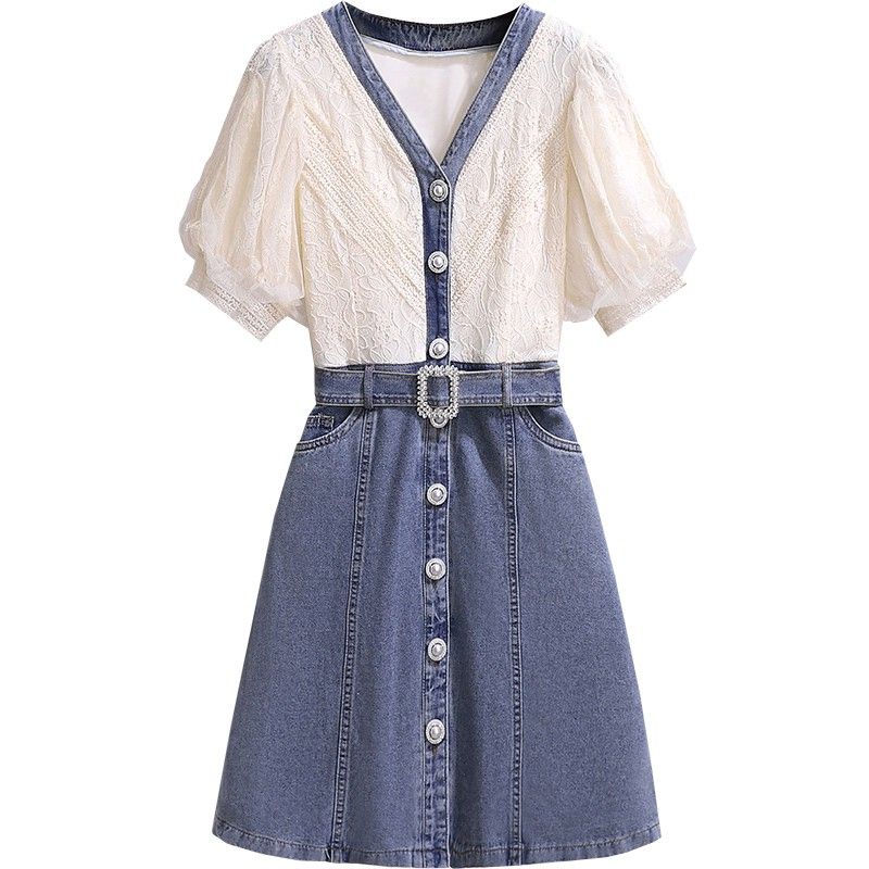 Fashionable Summer Women Dress Small Fragrance Style Lace Patchwork Denim V-Neck Unique Design