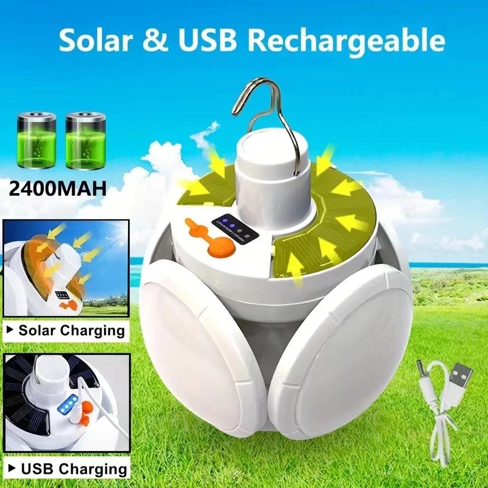 Portable Solar Search Light USB Rechargeable Folding Led Flashlight Football Bulbs with Hook Hanging Lamp Torch Emergency Lights