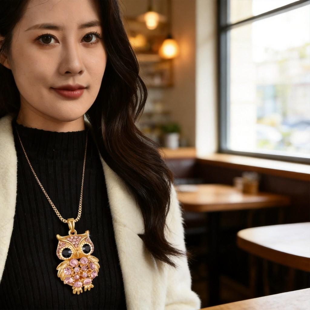 Owl Pendant Necklace For Women With Gemstone Embellishments Long Chain Jewelry Gift