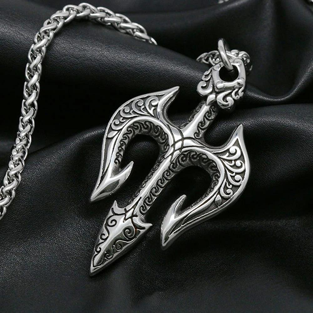 1/316L Stainless Steel Poseidon Trident Necklace for Men Women Greek Mythology Norse Pendant Amulet Jewelry Retro Style