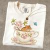 Cottagecore Mouse Shirt Vintage Sakura Teacup Tee Fairycore Clothing Whimsical Animal Top Kawaii Aesthetic T-shirt for Women