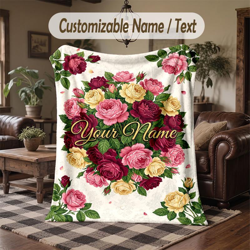 Roses Elegance Theme Throw Blanket Custom Name Text Personalized Blanket Soft Cozy Blanket for Home Sofa Bed