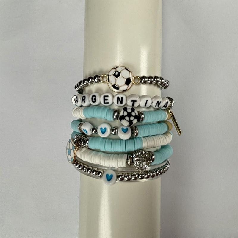 2026 Football Bracelet Set For Soccer Fan With Team Color And Football Charm Elastic Wristband