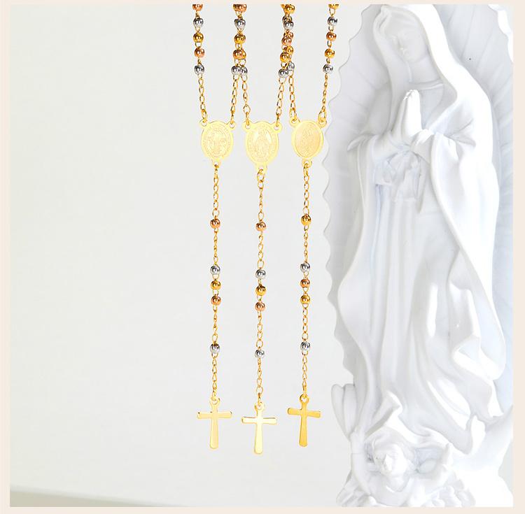 Triple Tone Beaded Rosary Cross Necklace, Stainless Steel Long Chain Crucifix Rosary Chain Y Necklace Women Religious Jewelry