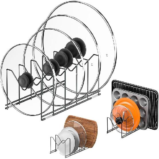 3 Pack Pot Lid Organizer for Cabinet, Stainless Steel Pot Lid Rack with Anti-slip Pad, Lid Holder for Pans Pots, Bakeware, Plates, Cookie Sheets,