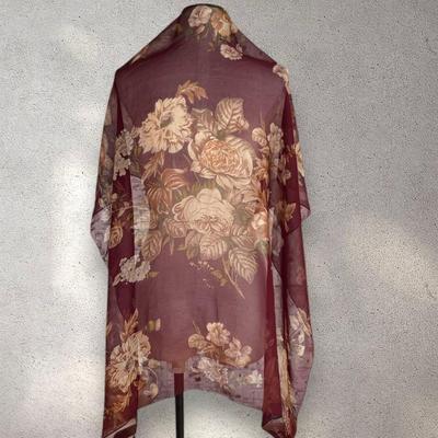 Used Ralph Lauren Silk Chiffon Large Scarf Floral Bordeaux Sheer