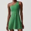 Womens One-Shoulder Wave-Trimmed Sporty Tennis Jumpsuit With Liquid Glue Waist Support Quick-Dry Fitness Bodysuit Gym Running