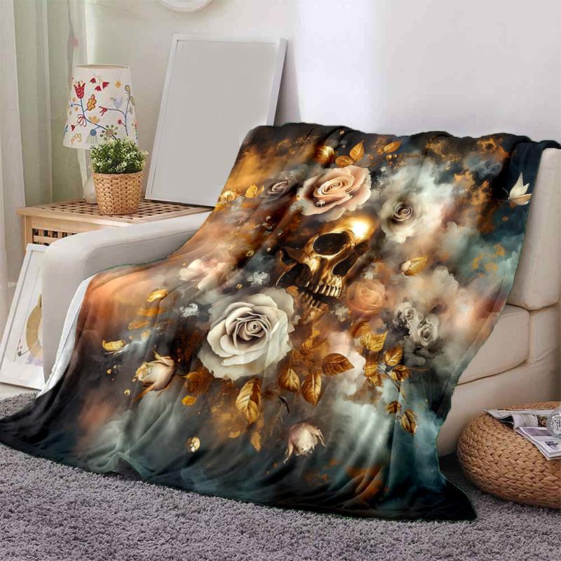 1pc Golden Skull amidst Roses Blanket,Living Room, Travel.K051