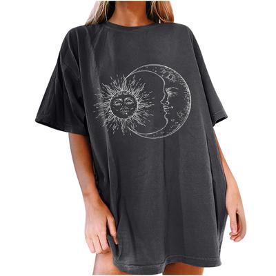 Women's Vintage Sun And Moon Printed Pattern Casual Short Sleeve Tops Blouse