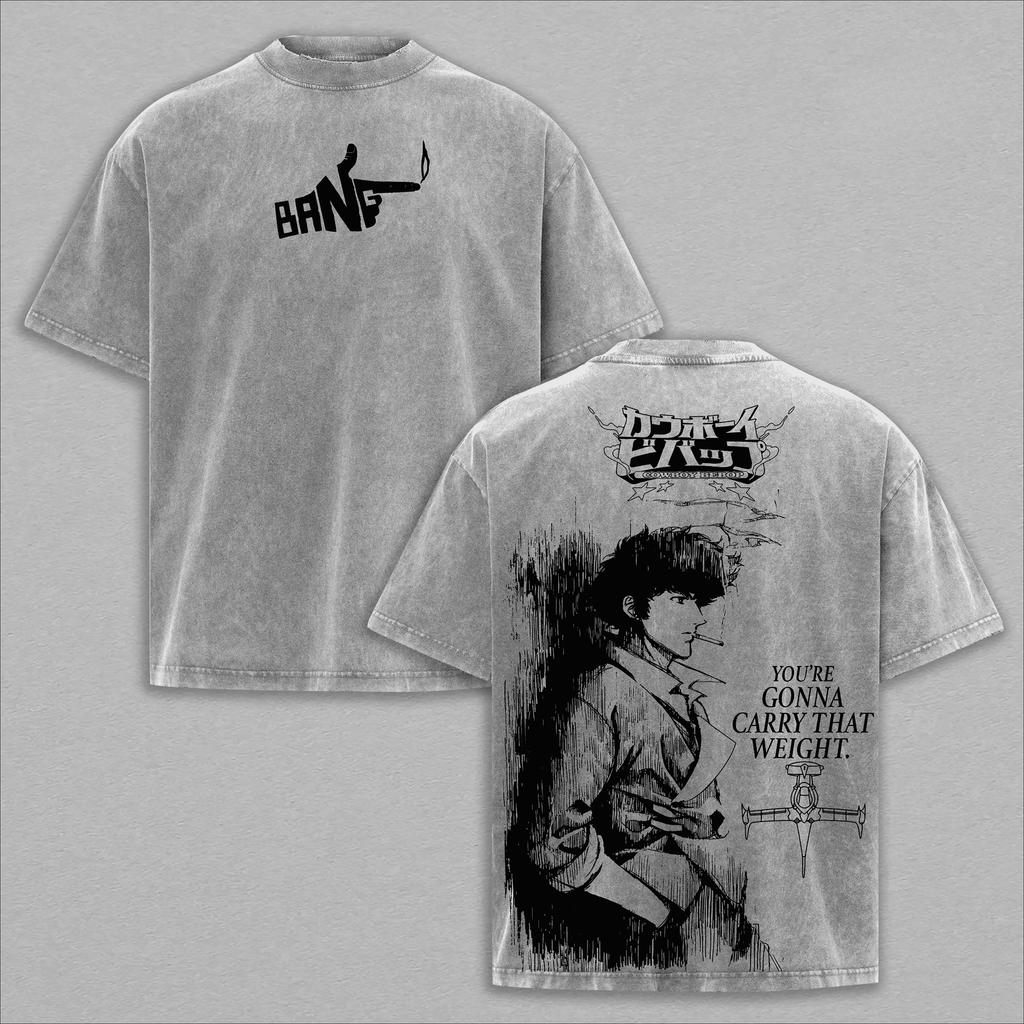 Manga Cowboy Bebop Printed T-shirt For Men's Clothing Vintage Washed Oversized T Shirt Summer Short Sleeve Cotton Tees Clothes