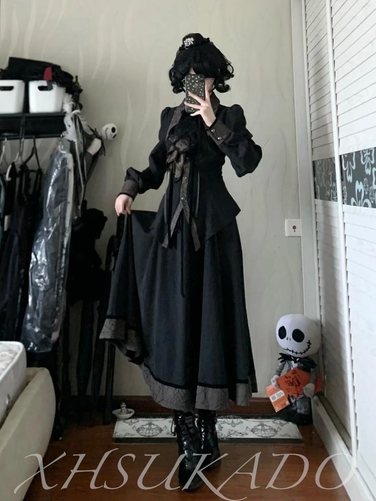 XHSUKADO Gothic Lolita Irregular Long Size L Women's Dress, Halloween, Lace, Jabot, Lace-Up, Long, Ruffled, Hem, Dark, Spider, Noble, Gothic,