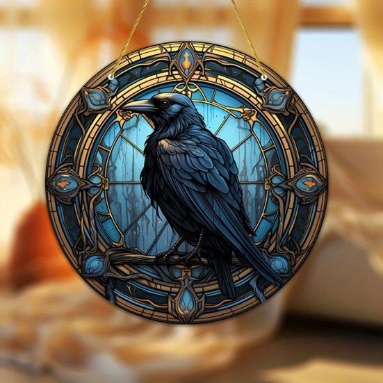 Crow Stained Glass Suncatcher, Gothic Raven Acrylic Window Hanging Decor with Chain for Home, Garden, Indoor Outdoor Decor