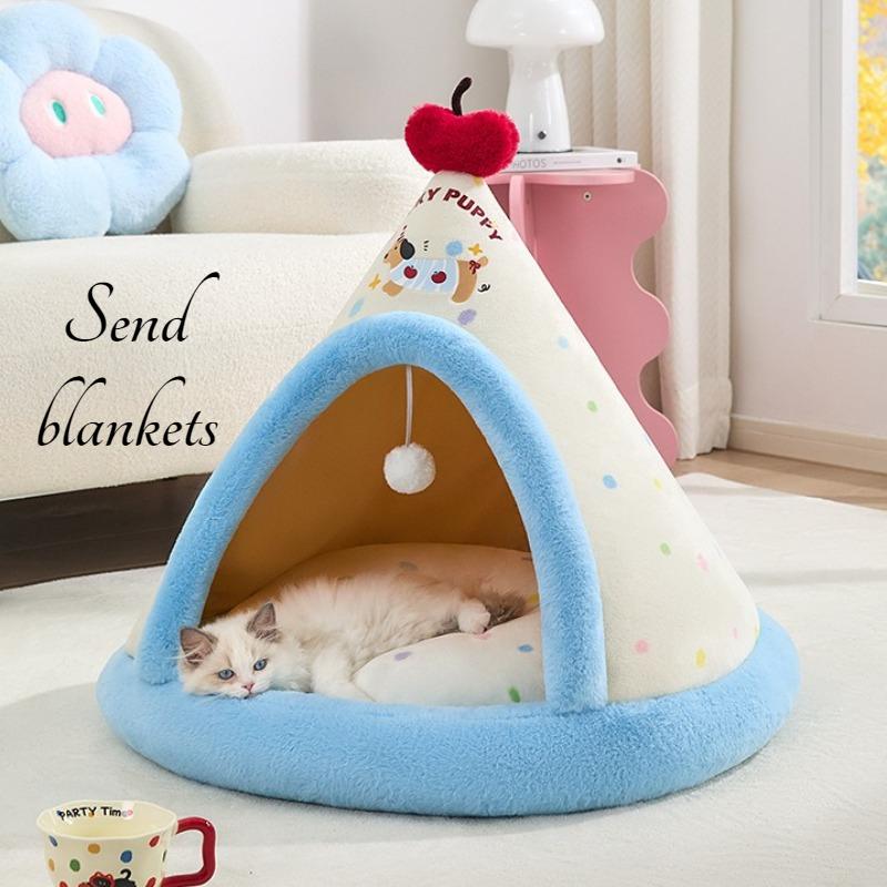 

Cute Dog Tent Cat Bed Semi-closed Small Dog Sleeping Nest Cat Nest Warm Winter Soft Dog House Large Space Kennel Send Blankets S 38X 38cm синий