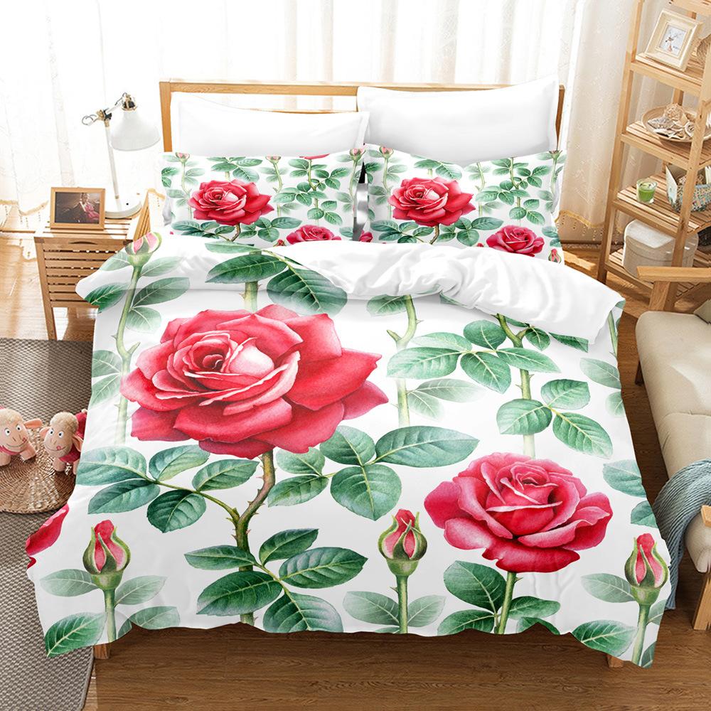 3D Digital Printing Three-Piece Quilt Cover Pillowcase Bed Sheet Quilt Cover Rose Bedding