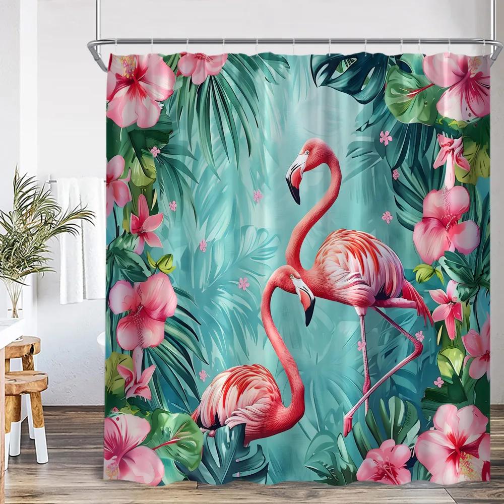 Flamingo Shower Curtain Set Pink Bird Tropical Leaf Rainforest Jungle Bathroom Decor Spring Summer Bath Mat Toilet Lid Cover