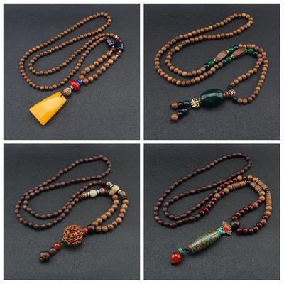 Boho Lucky Gift Party Handmade Horn Fish Pendant Nepal Necklace Mala Wood Bead Buddhist