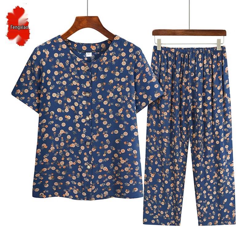 Elderly Women s Floral Print Cotton-Silk Summer Set