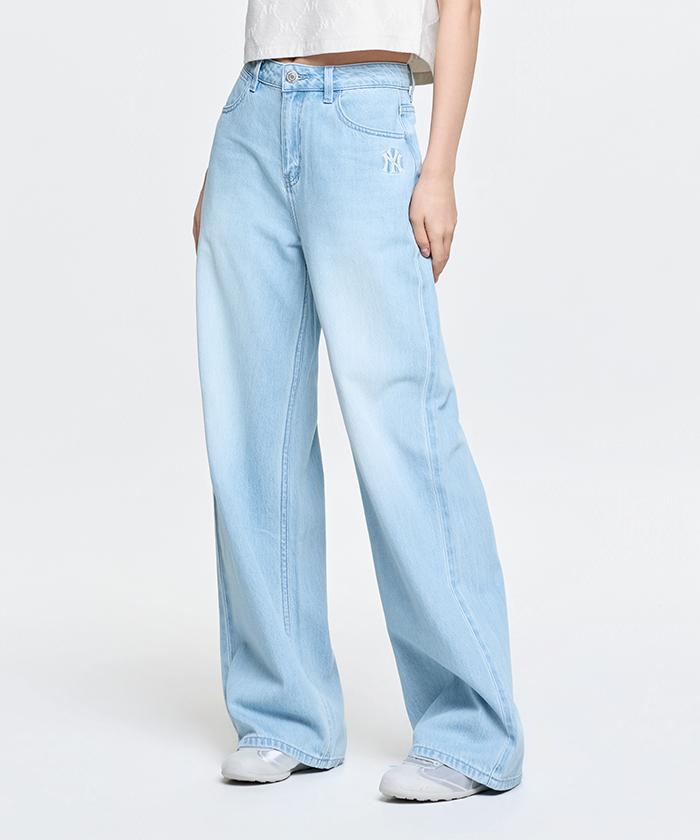 Emelbi Women'S Basic Small Logo Summer Tencel Wide Denim Pants Ny (L.Blue)
