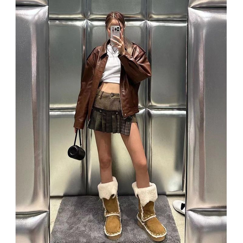 

Retro American Plaid Stitching Skirt Stylish Short High Waist Miu Style Pleated Skirt Skirt L