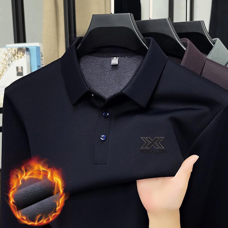 Men's Winter Long Sleeve Polo with Mulberry Silk Lapel, Fleece-Lined, Thickened Business Casual Shirt