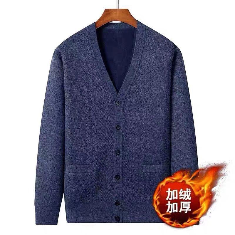 Spring Style Long-sleeved Knitted Cardigan Middle-aged Elderly Men New Velvet Casual Warm Inner Wear Sweater