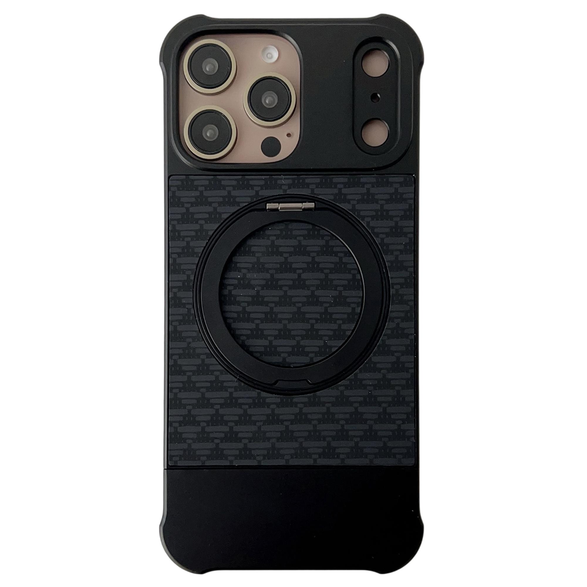 

For iPhone 15 Pro Max Magnetic Case Kickstand Lens Upgrade Design Metal Carbon Fiber Phone Cover Black