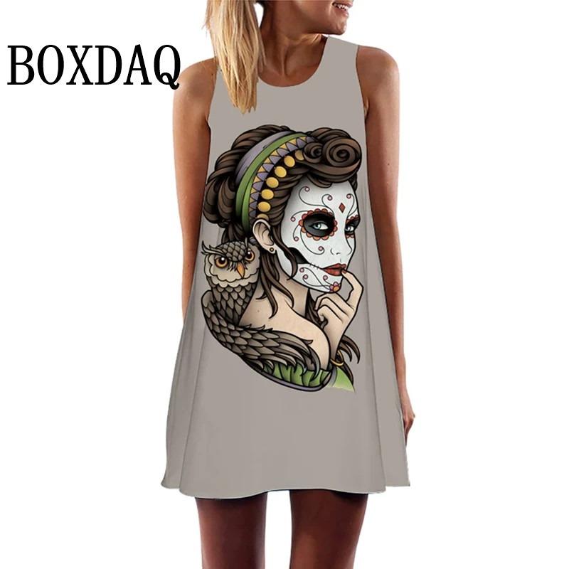 Vintage Skull Face 3D Print Women's Dress Summer Fashion O-Neck Sleeveless Mini Dresses Casual Vest Ladies Punk Streetwear