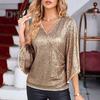 Women Top Shiny Sequin Hollow Out Three Quarter Horn Sleeve Solid Color V Neck Loose Pullover Soft Breathable Lady Commute Prom Blouse