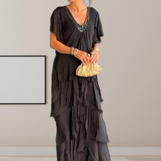 

Летнее женское вечернее платье с блестками в стиле пэчворк, однотонное рваное разбросанное многослойное платье с V-образным вырезом и короткими рукавами, свободное свободное