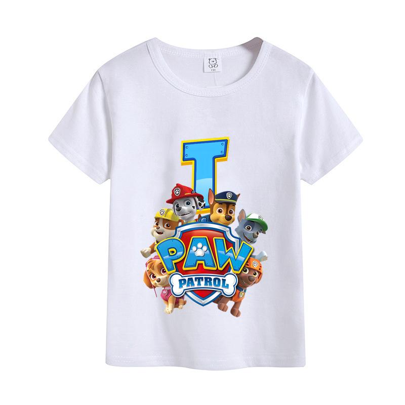 Paw Patrols Letter AZ TShirt White Cartoon Chase Skye Short Sleeve Tops Cute Rubble Zuma Summer Casual Clothes Birthday Gifts