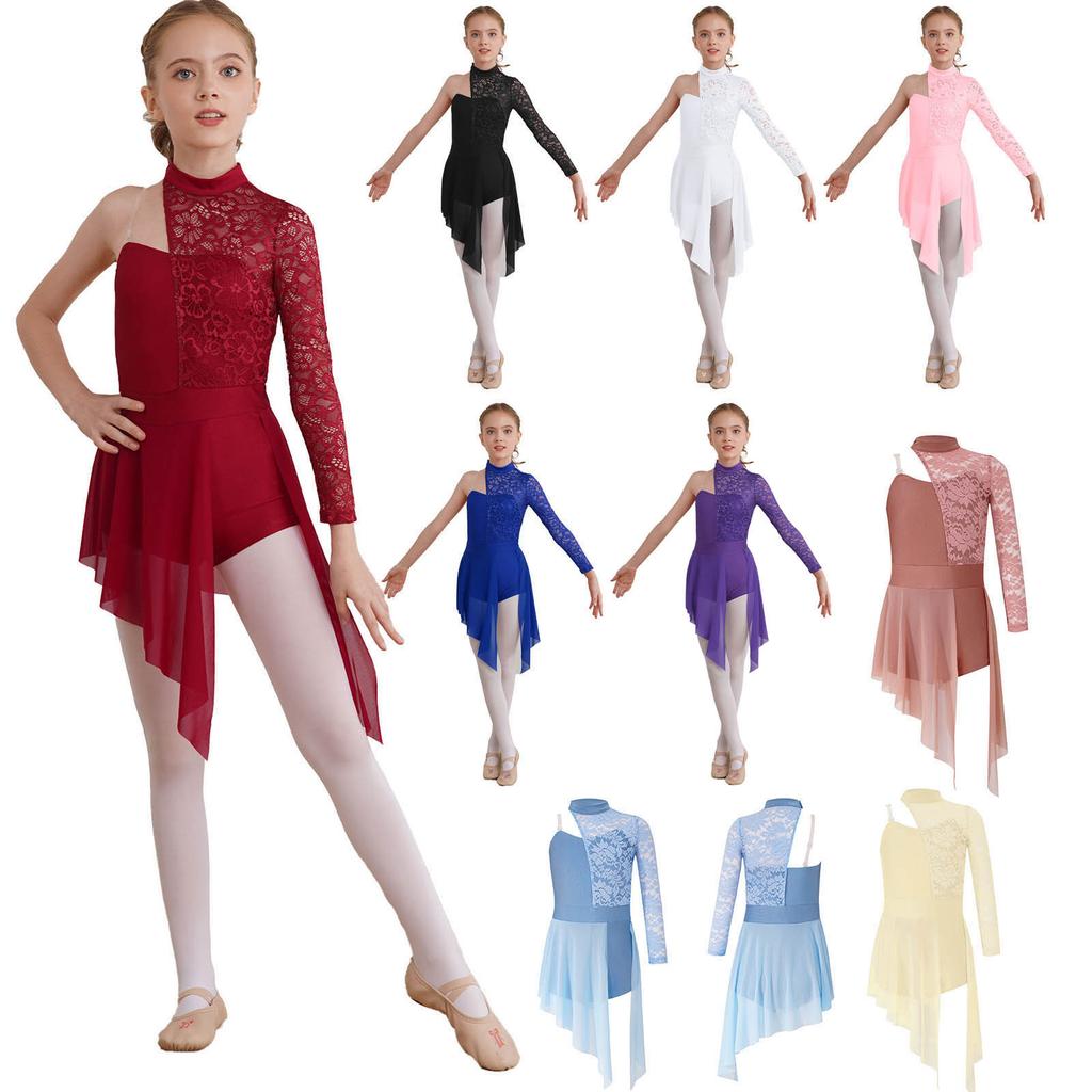 Vestito da ballo lirico per bambina, costumi da ballo, body da ginnastica, con gonna asimmetrica, per pattinaggio artistico, abbigliamento da ballo