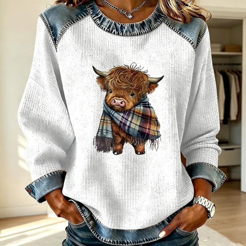 Highland Cow Plaid Scarf Print Waffle Crew Neck Top Women Raglan Sleeve Casual T Shirt Top