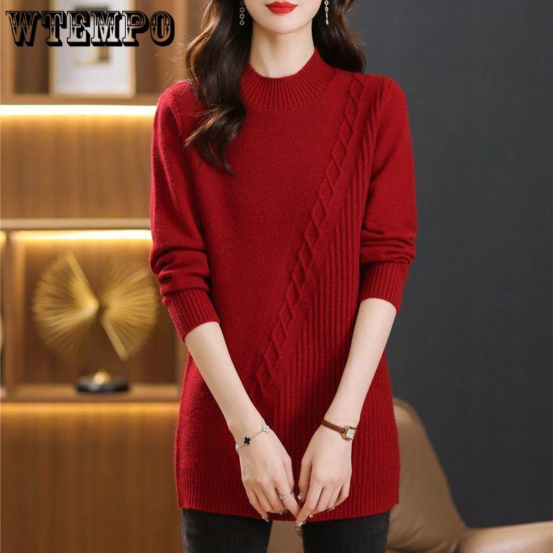 Mid-length Sweater Loose Half Turtleneck Pullover for Women Solid-color Casual Knitted Sweater for Autumn and Winter