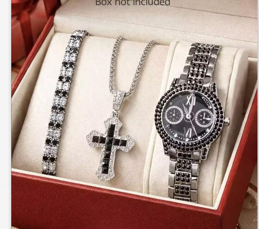 Women's Casual Watch with Black Dial, Two Subdials, Double Bracelet and Cross Design